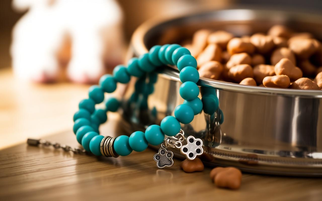 Pulseira UmaPata ao lado de um pote de ração